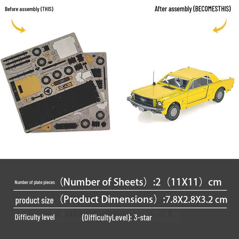 1965 Ford Mustang Sports Car All-Metal 3D DIY Model Puzzle - No Glue Required
