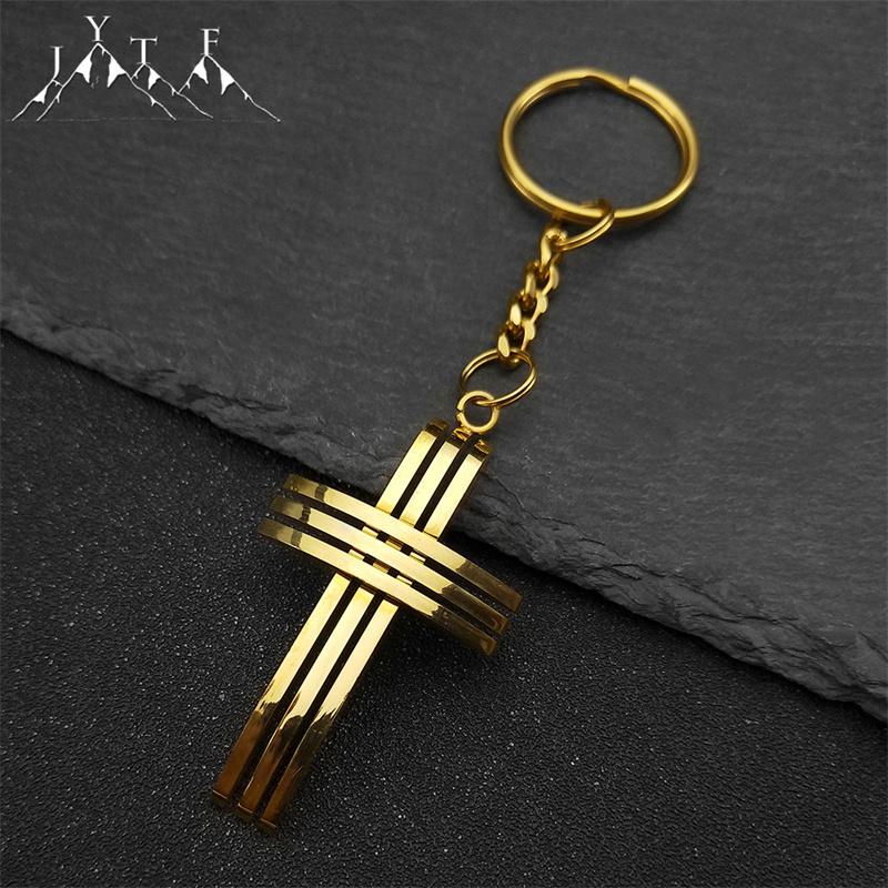 Stainless Steel Jesus Cross Pendant Key Chains for Women Men Gold Color Christian Holy Lord Crucifix Key Ring Jewelry Gift