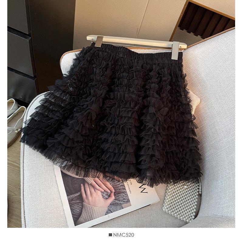 Korean Ballet-Inspired High-Waisted Ruffled Mesh A-Line Layered Skirt for Women, Autumn 2025