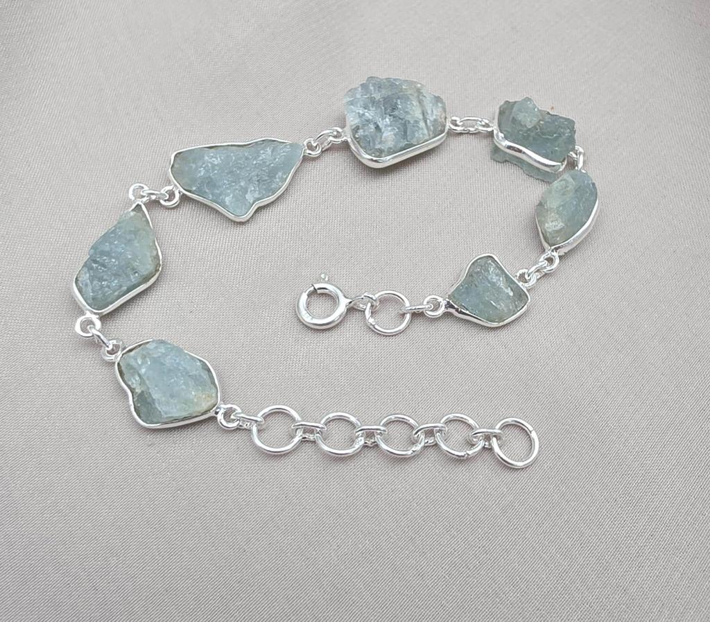 Raw Aquamarine Bracelet In 925 Sterling Silver Natural Blue Gemstone Jewelry