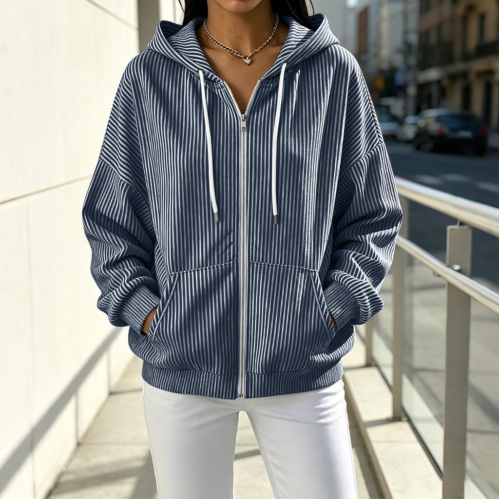 Women's Casual, Loose-Fitting, Striped, -Lined, Hooded Cardigan with Zipper