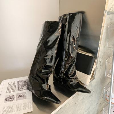 Mode Damen Lackleder Overknee Stiefel Neue Damen Spitz Zehen Oberschenkelhohe Stiefel Sexy Seitenreißverschluss Schwarz Hohe Absätze Partyschuhe