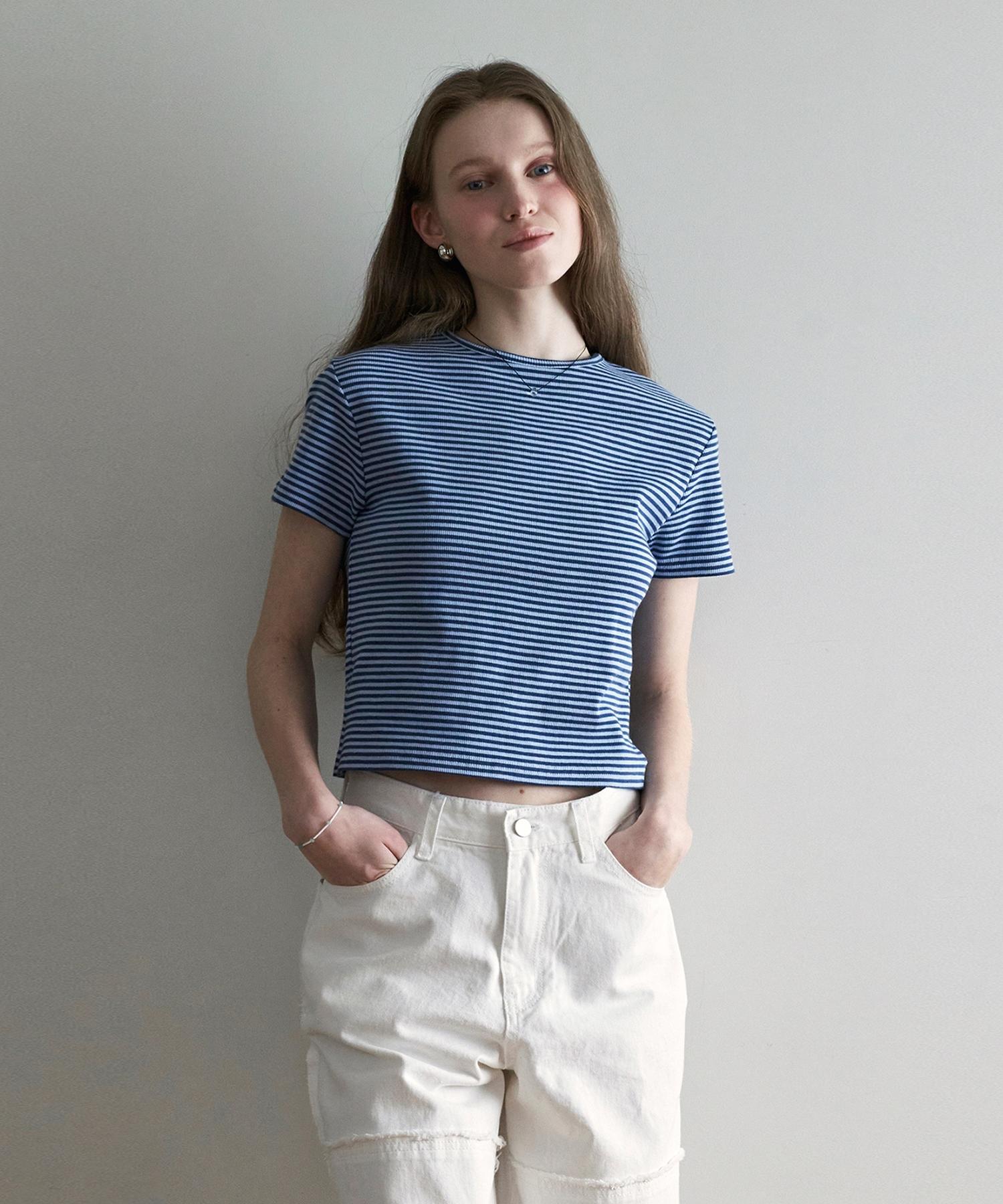 Roeil Slit Stripe Short Sleeve T-Shirt - Blue Free