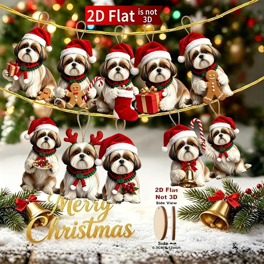 1/5/10/20/50/100pcs 2D Flat, Set of 10 Cute Shih Tzu Figurines to Hold Christmas Gifts, Christmas Tree Ornaments, Wooden Christm
