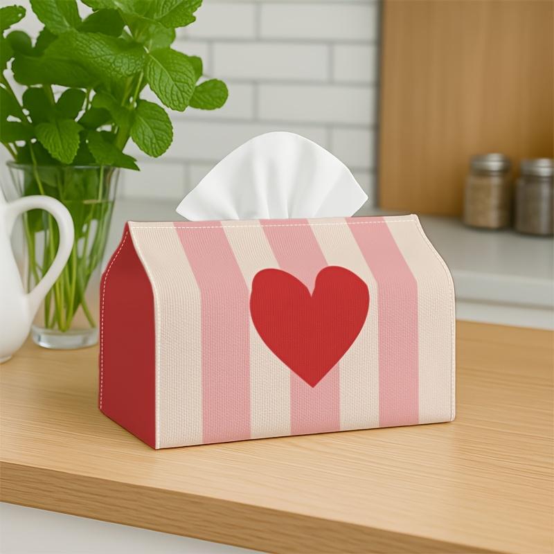 2D Flat, 1pc 2D Flat Minimalist Style Pattern Design Tissue Box, Pink Heart Stripes - Suitable for Home, for Party, Vehicle, Kitchen And Bathroom - Da