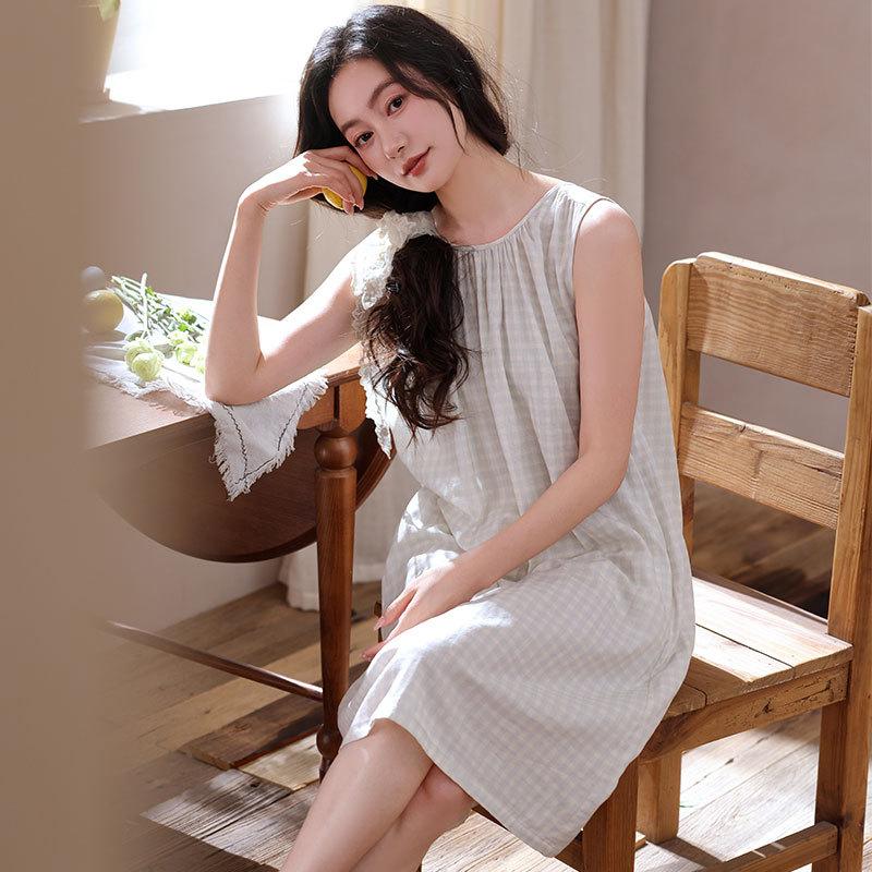 Canottiera da notte senza maniche in puro cotone da donna per l'estate pigiama vestito tinta unita medio e lungo morbido traspirante abbigliamento da casa in cotone