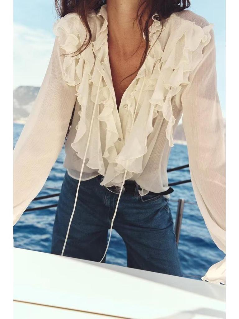 Women's White Ruffled Semi-Transparent Round Neck Tie Long Sleeve Layered Shirt - New French Autumn Design