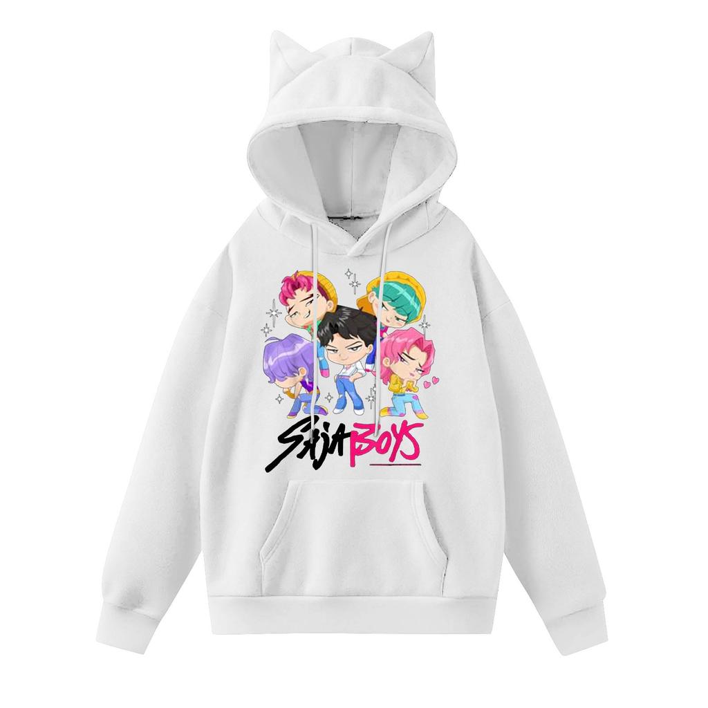 Damemote Casual Langermet trykt Rundhals hettegenser Pullover Topp med lommer