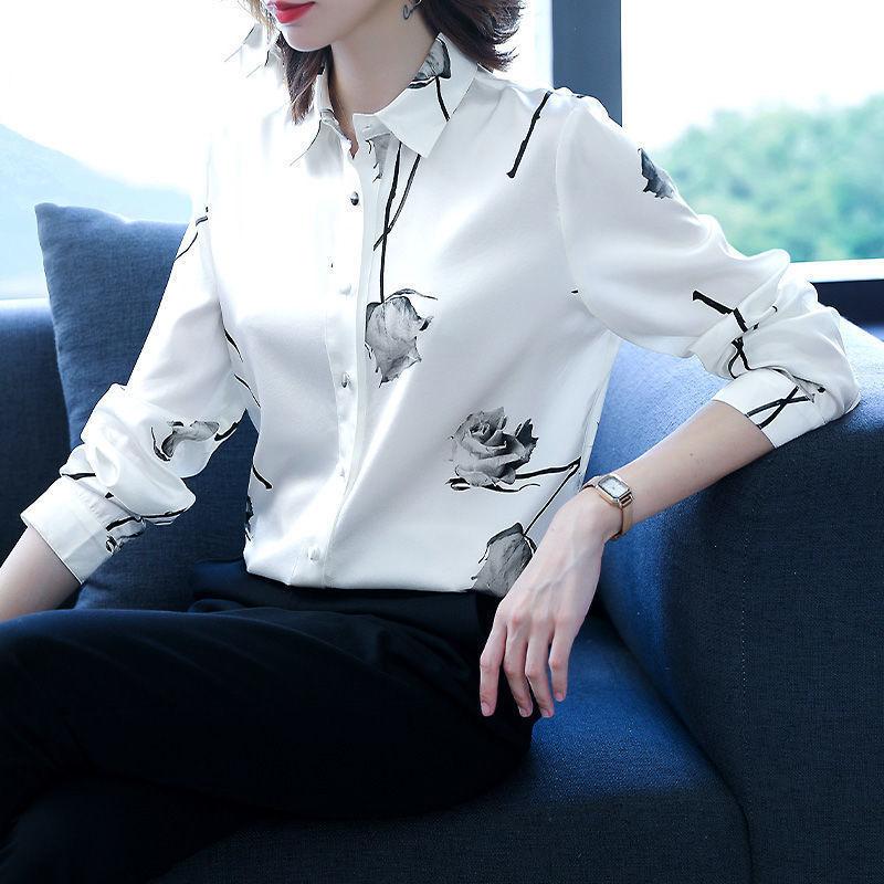 Elegant Fashion Printing Rose High-end Blouse Women New Long Sleeve White Single-breasted Office All-match Lady Shirt