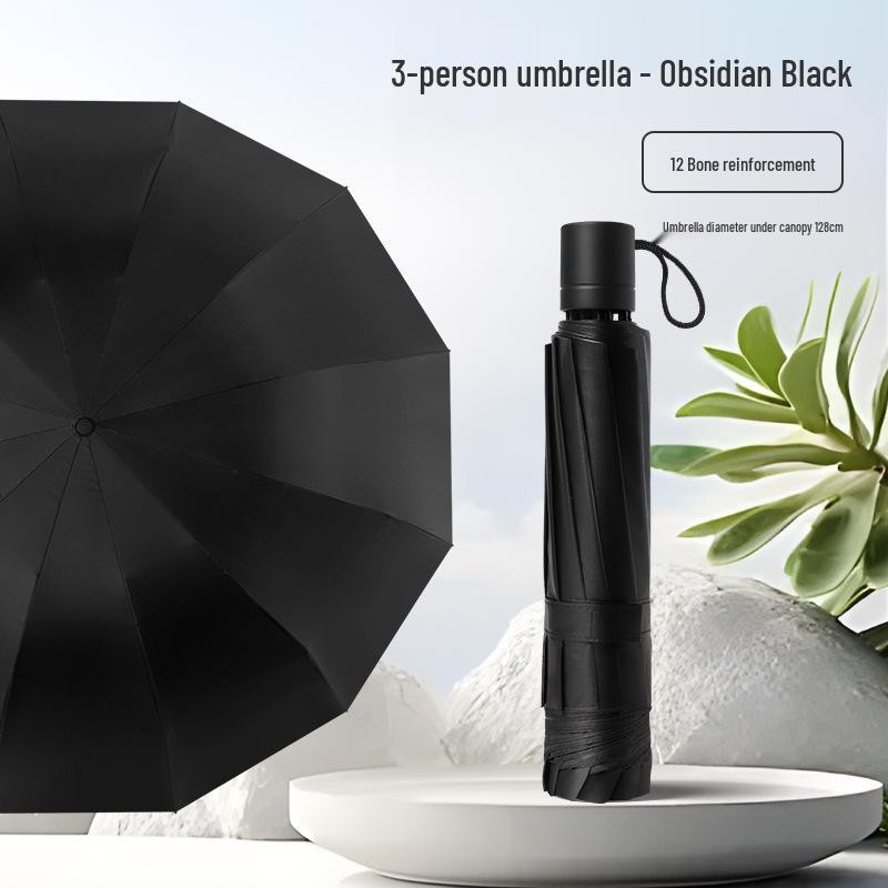 Extra Großer Verstärkter Sturmfester Faltbarer Regenschirm für Sonne und Regen - Schwarzkleber 3-Personen Studentenmodell