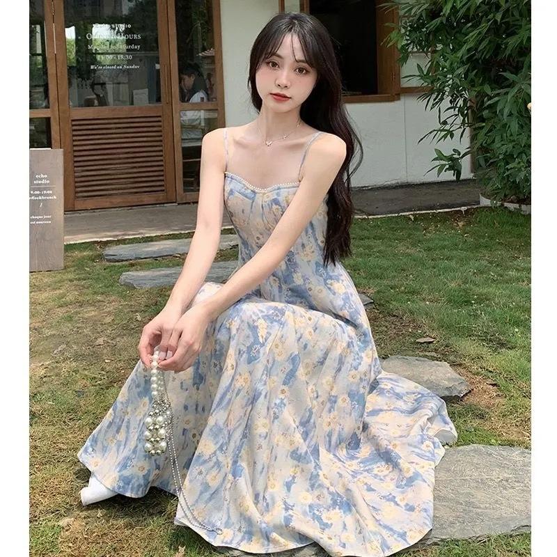 French Blue Oil Painting Long Skirt Beach Skirt Floral Suspender Dress Female Summer Fairy Temperament High-end