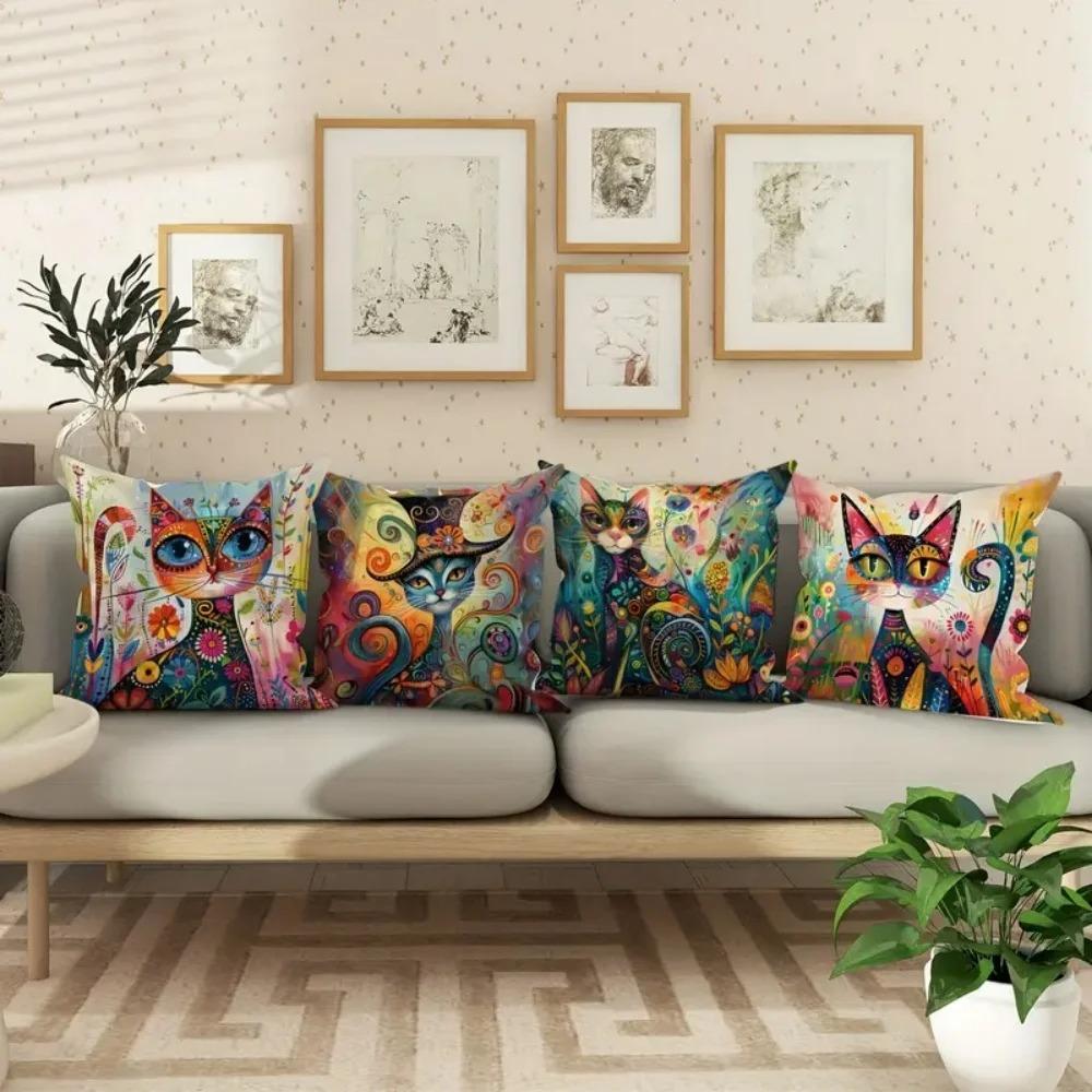 Home Decor Colorful Fantasy Cats Pattern Pillow Cover Pattern Cushion Cover Suitable for Sofa Bedroom Car Pillow Cover