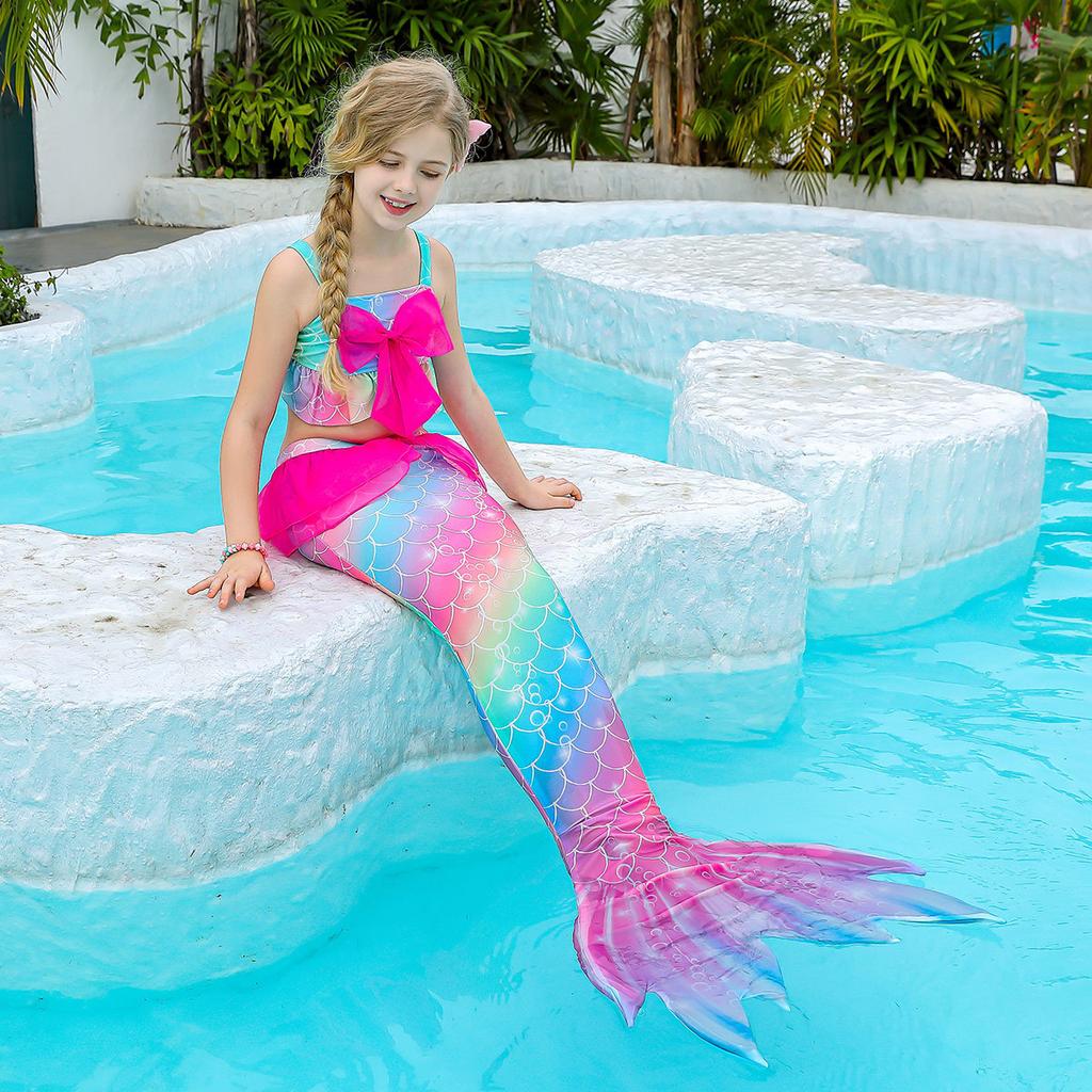 Ghnatygren Cross Border Girls Colorful Mermaid Swimsuit Children's Mermaid Bow Bikini Three-piece Set