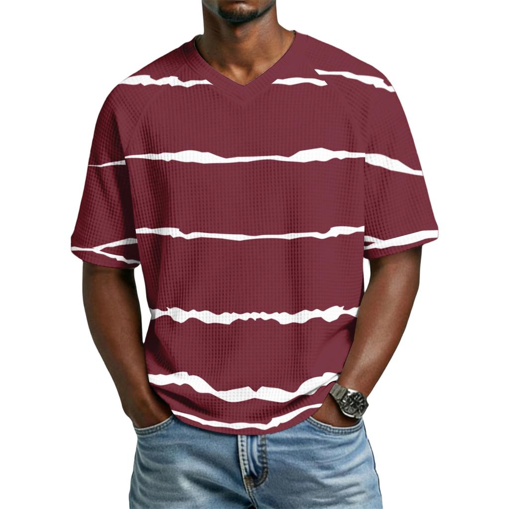 Men's Casual Stylish Striped Texture Printed Short-sleeved Shirt Men's Breathable V-neck Short-sleeved Top