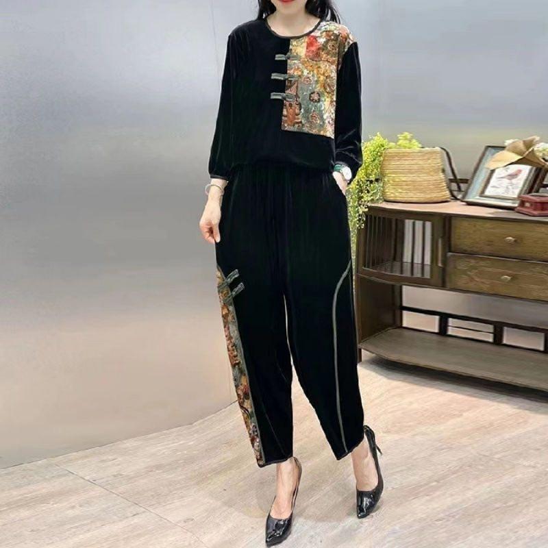 Gold Velvet Fashion Loose Mom Suit Elegant Lady Chinese Style Plaque Embroidery Print Patchwork Two-Piece Set