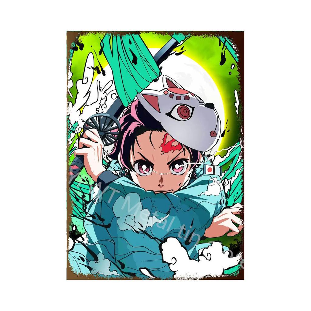 Demon Slayer Tin Sign Vintage Anime Metal Poster Colorful Wall Art Iron Plaque Retro Home Decoration for Bar Cafe Living Room