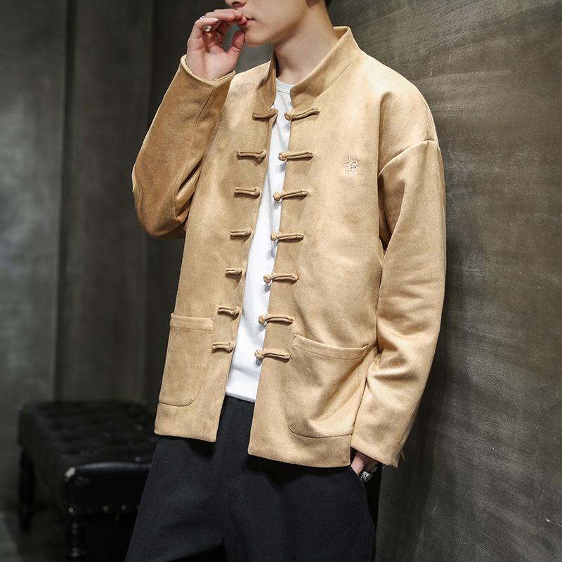 Autumn and Winter Men's Chinese Style Embroidered Buckle Jacket Chinese Express Large Size Shirt Stand-up Collar