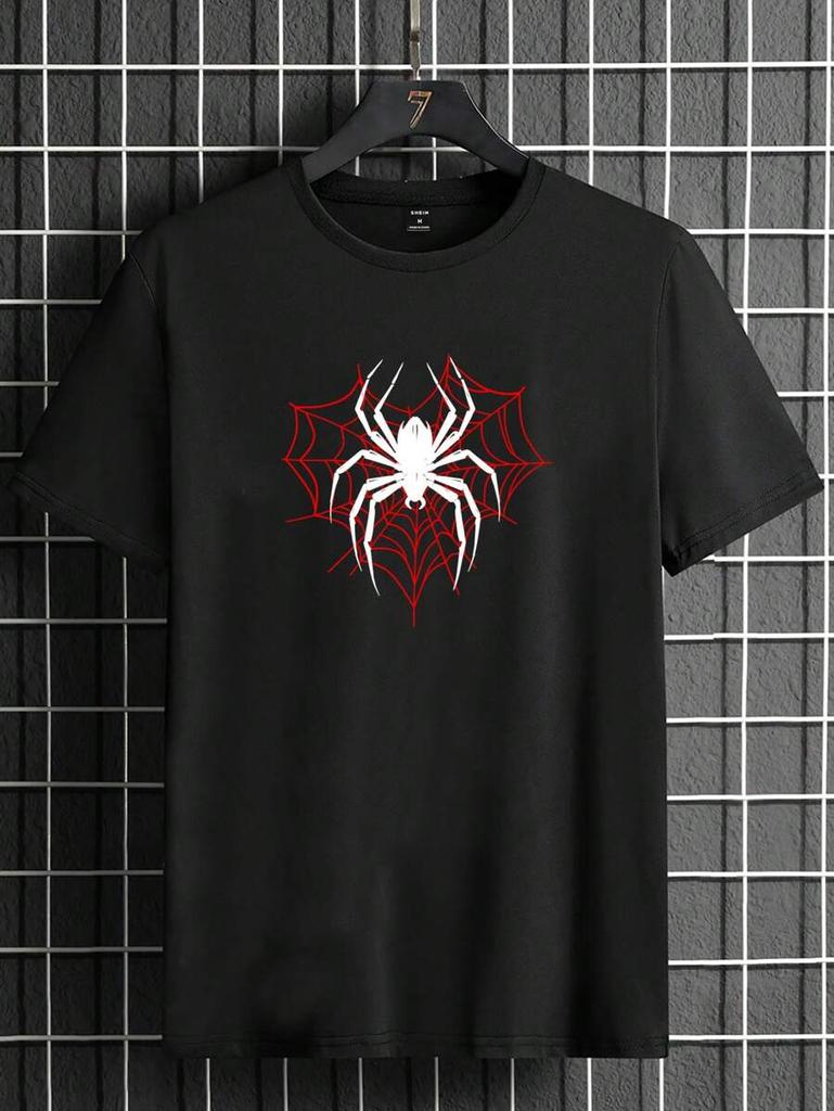Camiseta Unisex de Punto Corta Negra Manfinity LEGND con Cuello Redondo y Gráfico de Araña, Para Salir