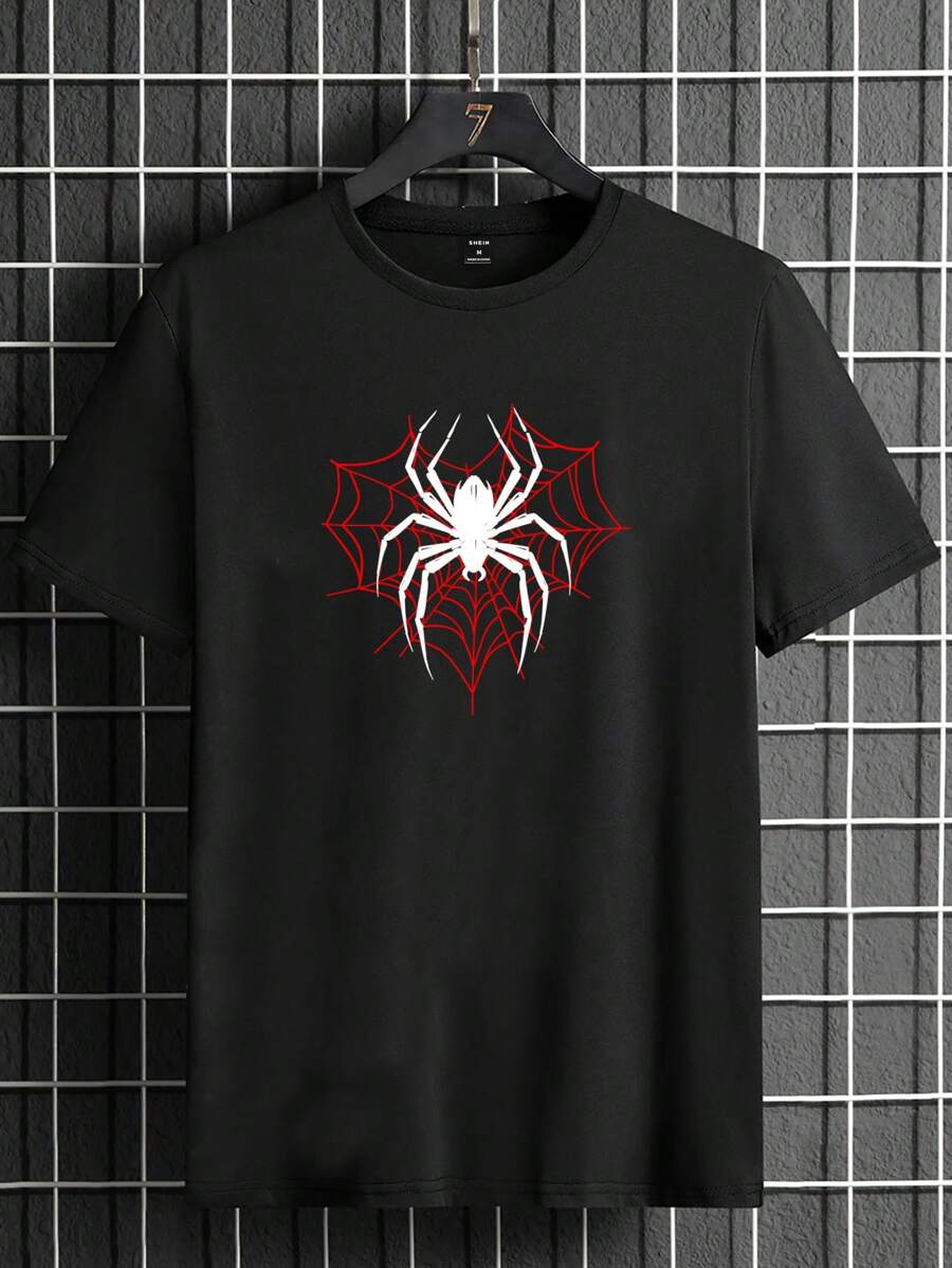 

Manfinity LEGND Black Knitted Unisex Short Sleeve T-Shirt With Round Neck & Spider Graphic, For Going Out M