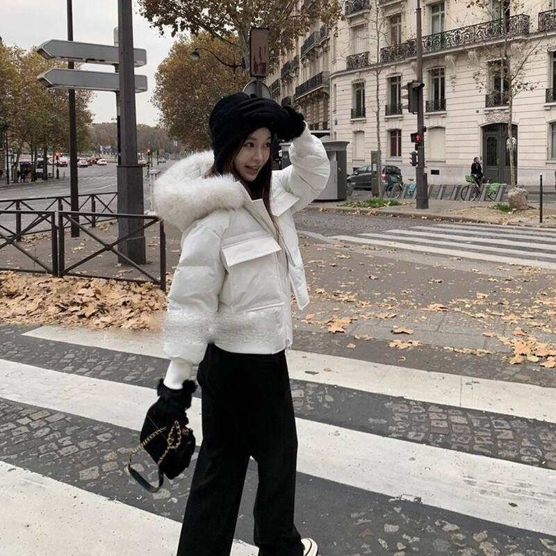 Womens Short Down Jacket With Faux Fur Hood Winter Slim Fit Warm Coat