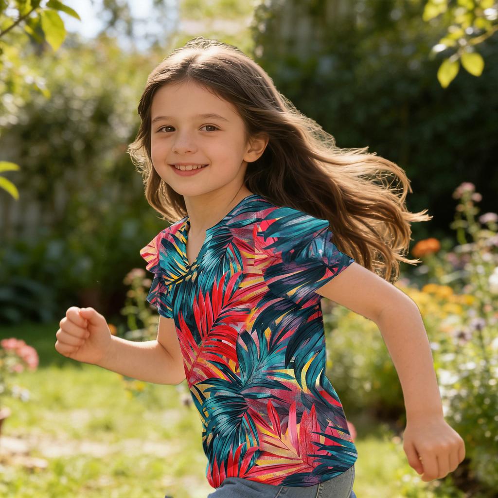 Mädchen V-Ausschnitt Rüschenärmel Hawaiian Print Kurzarm T-Shirt Lässige Bluse Leichtes Sommeroberteil für Kinder