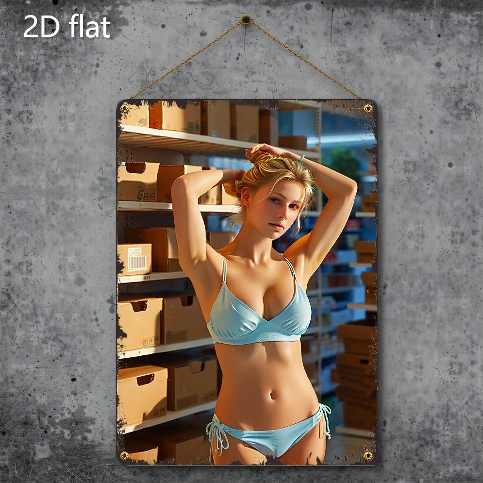 Vintage Metal Wall Sign 2D Bikini Girl Industrial Tin Art Decor Weatherproof Indoor Outdoor
