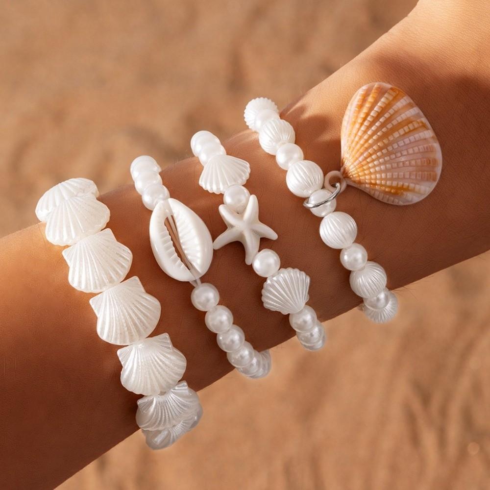 4Pcs/Set Multilayer Conch Beaded Bangles Imitation Pearl Wrap Charm Hand Chain Beach