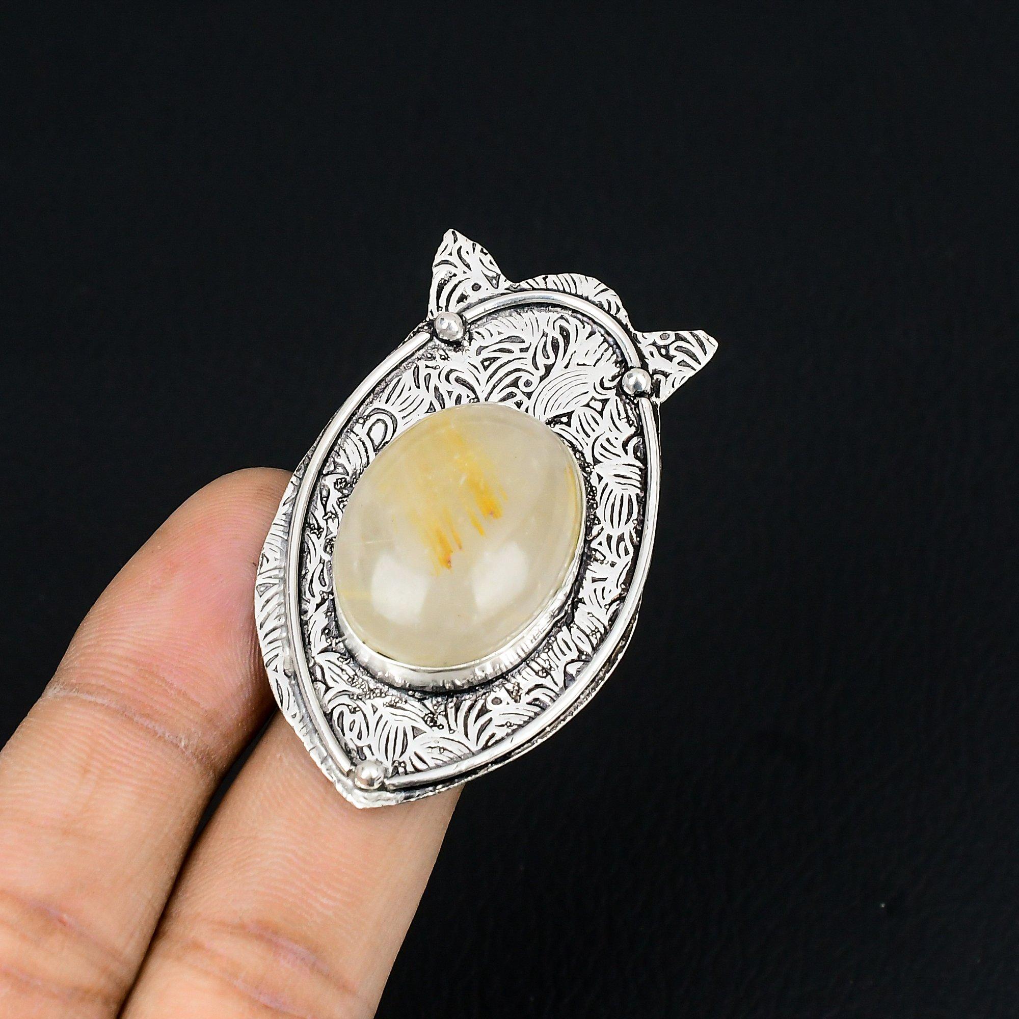 Sterling Silver Natural Golden Rutile Statement Birthday New Ring Jewelry US 6.5 6.5