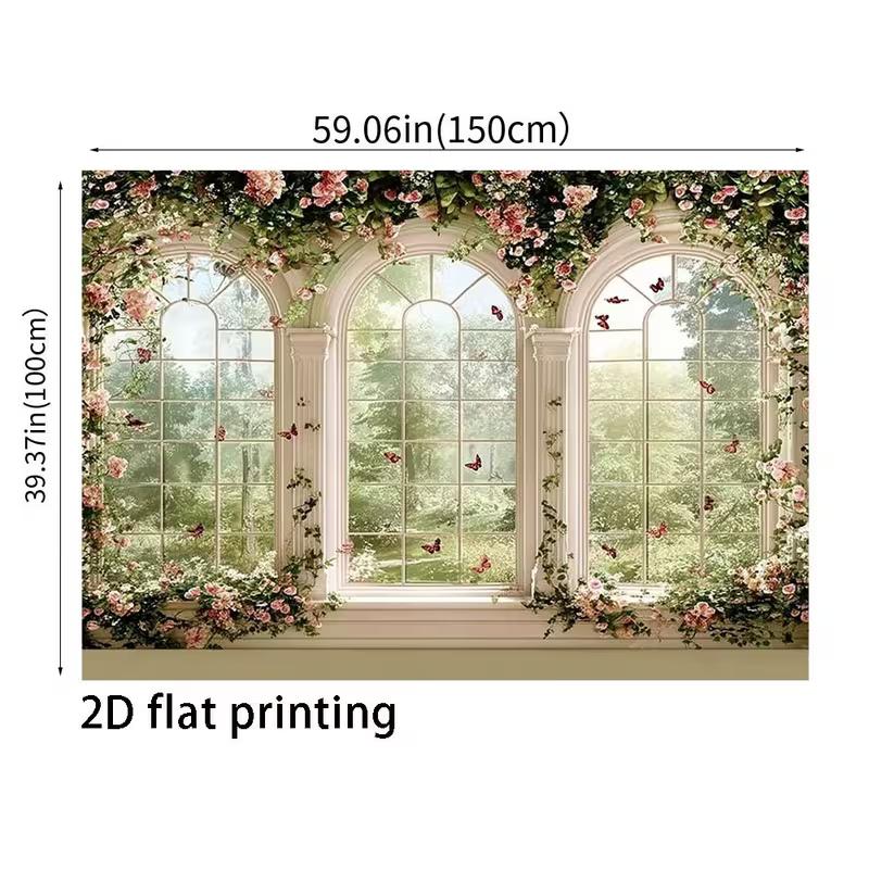 2D Floral Arched Window Backdrop, Romantic Garden View Photography Background for Wedding Party
