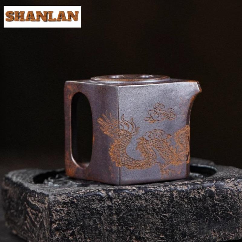 260ml Yixing Purple Clay Teapots Master Handmade Square Pot Raw Ore Dragon Kiln Wood Burning Mud Kettle With Filter Zisha Teaset