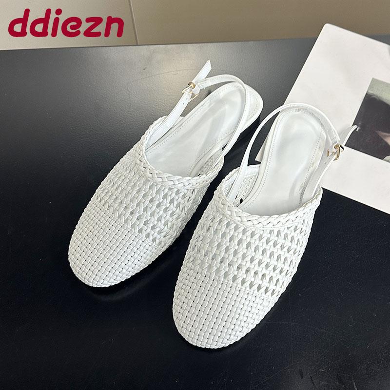 Fashion Female Shallow Fashion Round Toe Ladies Flats Sandals Shoes Slingback Weave Footwear Flats Sandals Shoes For Women Big Size 43