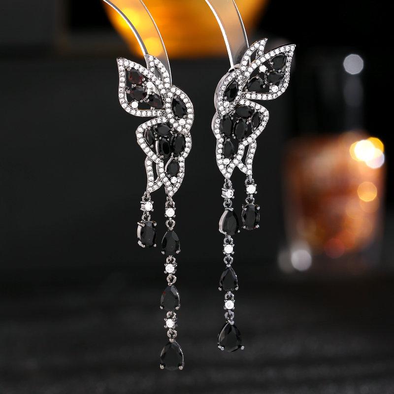 Colored Cubic Zirconia Inlaid Earrings Fly With Each Other Long Style Butterfly Embellishment Face Drops Tassel Earrings