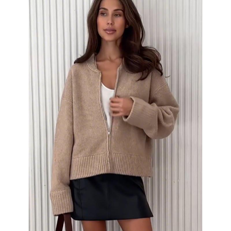 

Knit Women Cardigan Casual Full Sleeve Zipper O Neck Pleated Solid Lady Sweater Autumn Fashion Female Knitwear M