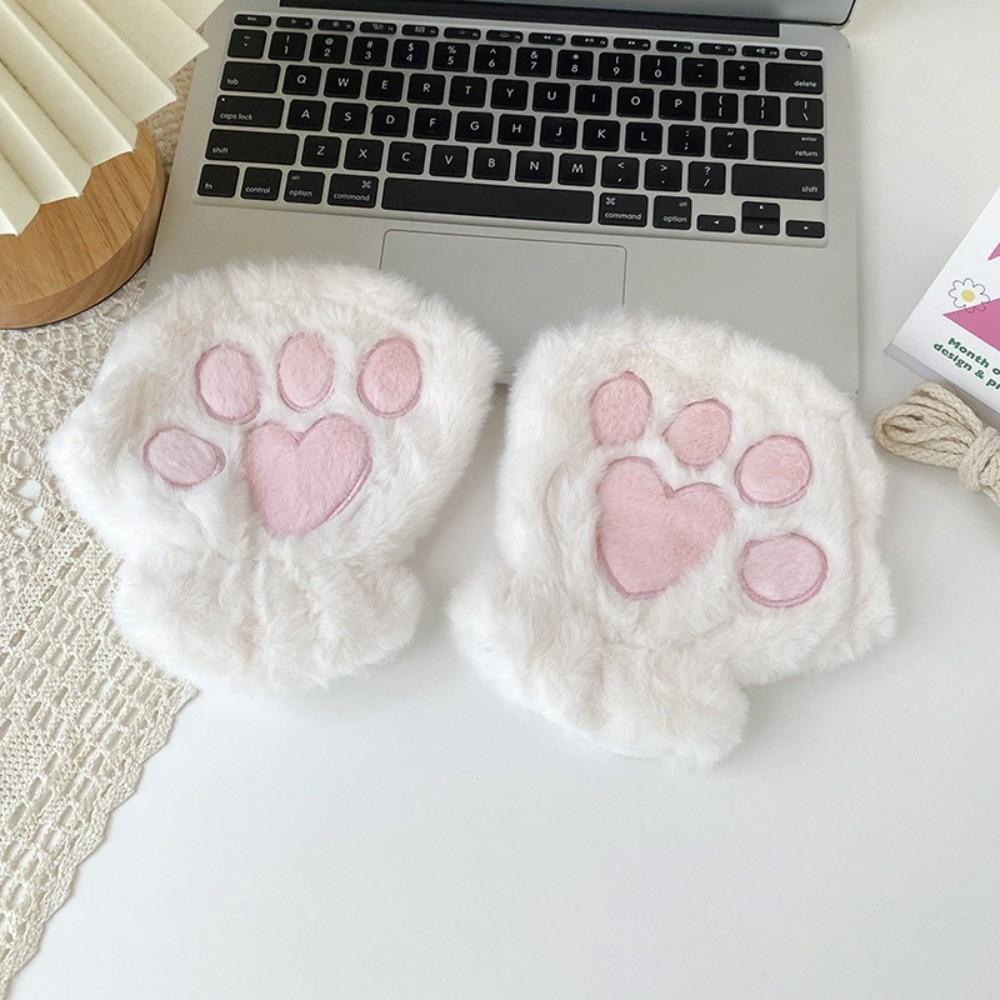 Polyester Fuzzy Half Finger Gloves Thick Plush Bear Paw Gloves Fuzzy Warm Winter Gloves  Writing