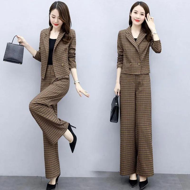 Elegante Traje de 2 piezas a cuadros con pantalones acampanados para mujer, Ropa de mujer de moda de estilo coreano para primavera otoño