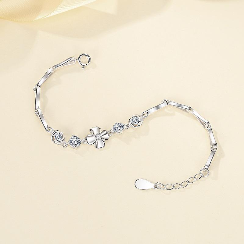 Pure Silver S999 Lucky Four-leaf Clover Bracelet Ins Niche Design Diamond Simple Korean Style Temperament Hand Jewelry Internet Celebrity