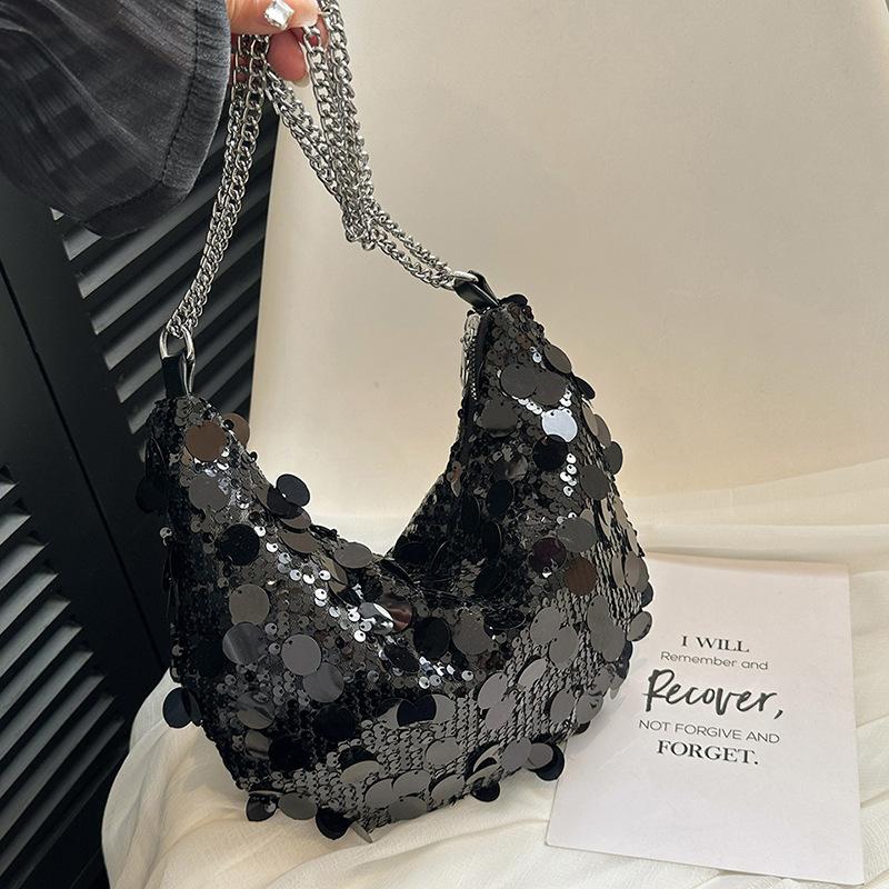 

Сумка-полумесяц с пайетками, личностный тренд 2025, новая мода, лето, большая вместимость, цепочка, на одно плечо, кроссбоди, сумка-пельмень one size fits all чёрный