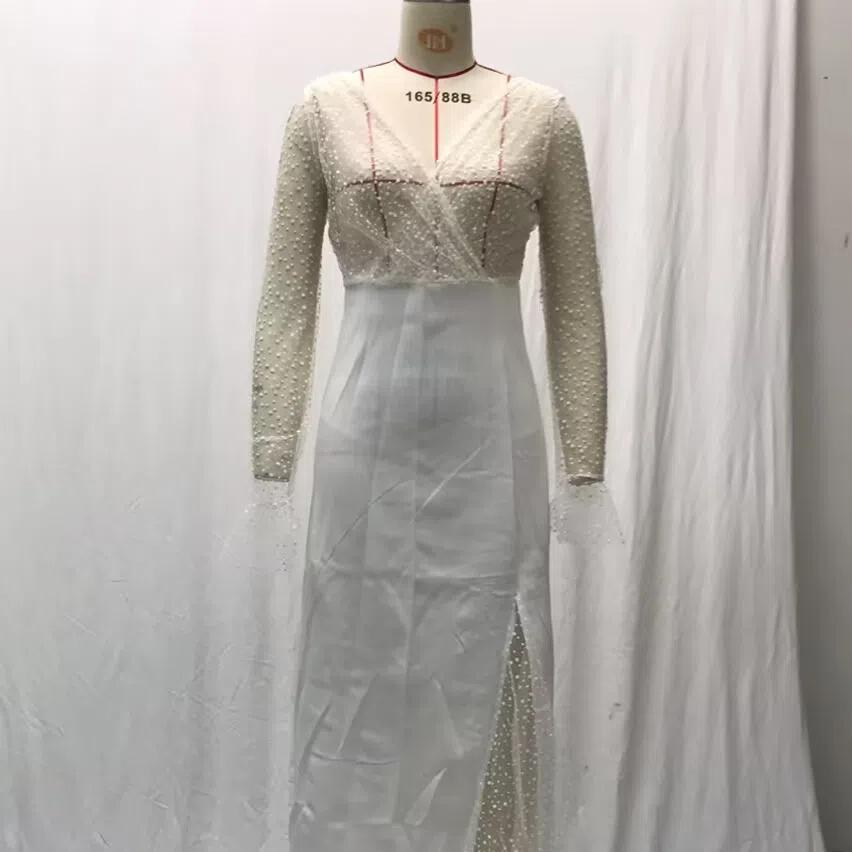 2025 Summer Autumn Women's Sheer Mesh Wedding Dress, Sexy V-Neck Long Sleeve Gown With High Slit, White See-Through Bridal Dress For Formal Events