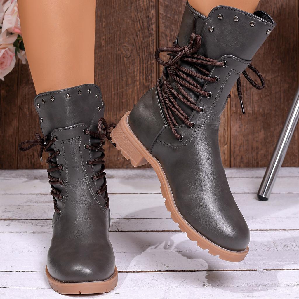 Women's Side Lace-Up Heel Mid-Calf Boots for Fall Fashion