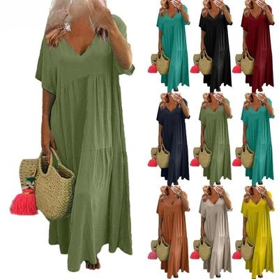 Moda damska Lato Wiosna Jednolity kolor Drukuj Krótki rękaw Dekolt w kształcie litery V Luźna talia Casual Sukienki