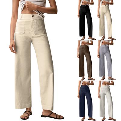 Dames Effen Kleur Casual Wijde Pijp Rechte Negenpunts Broek Met Zakken