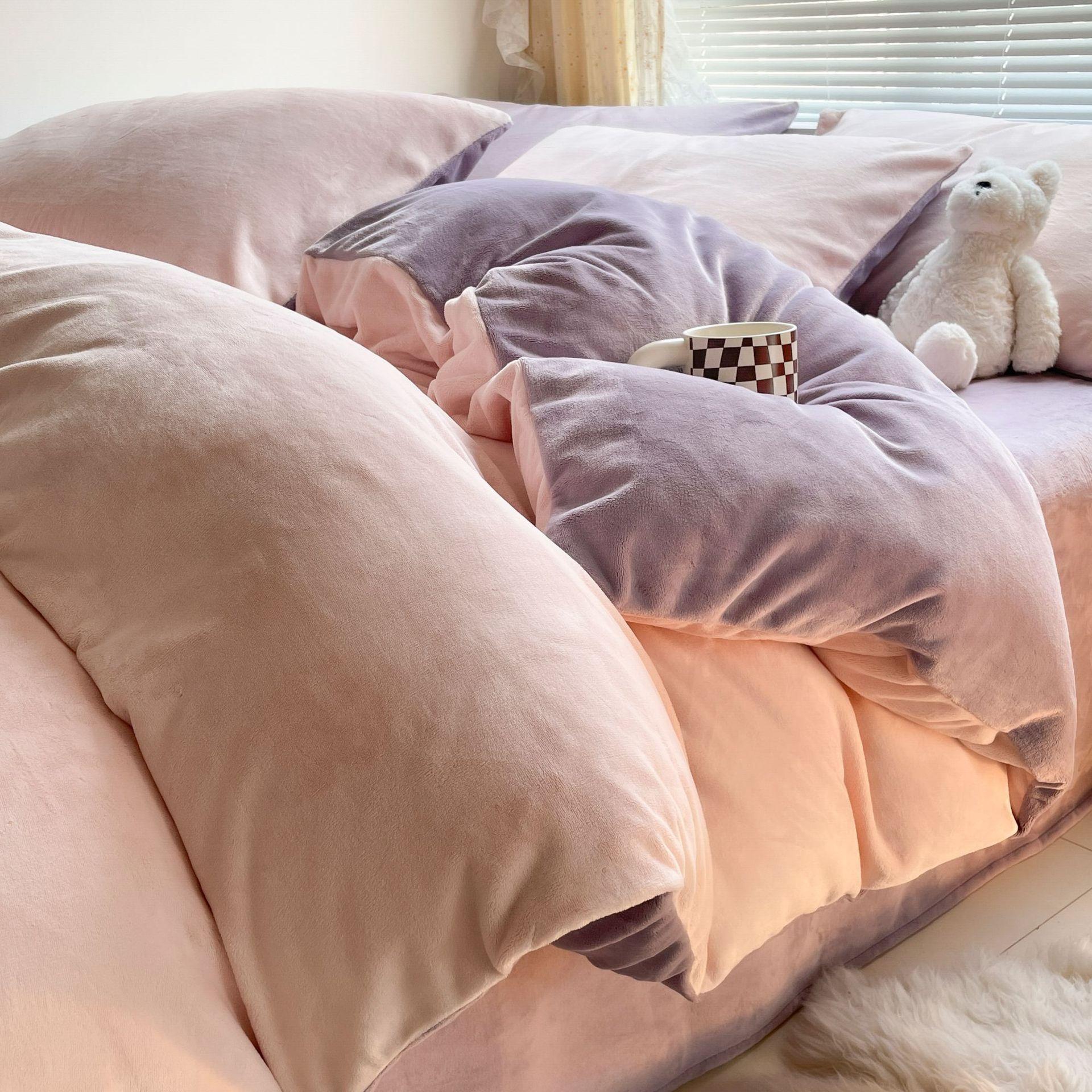 

Creamy Style Milk Fiber Four-Piece Set - Class A Solid Color Simple Coverlet - Winter Thick Baby Fleece Bed Sheets Three-Piece Set 1.2m Sh 3pc: Duv150*200