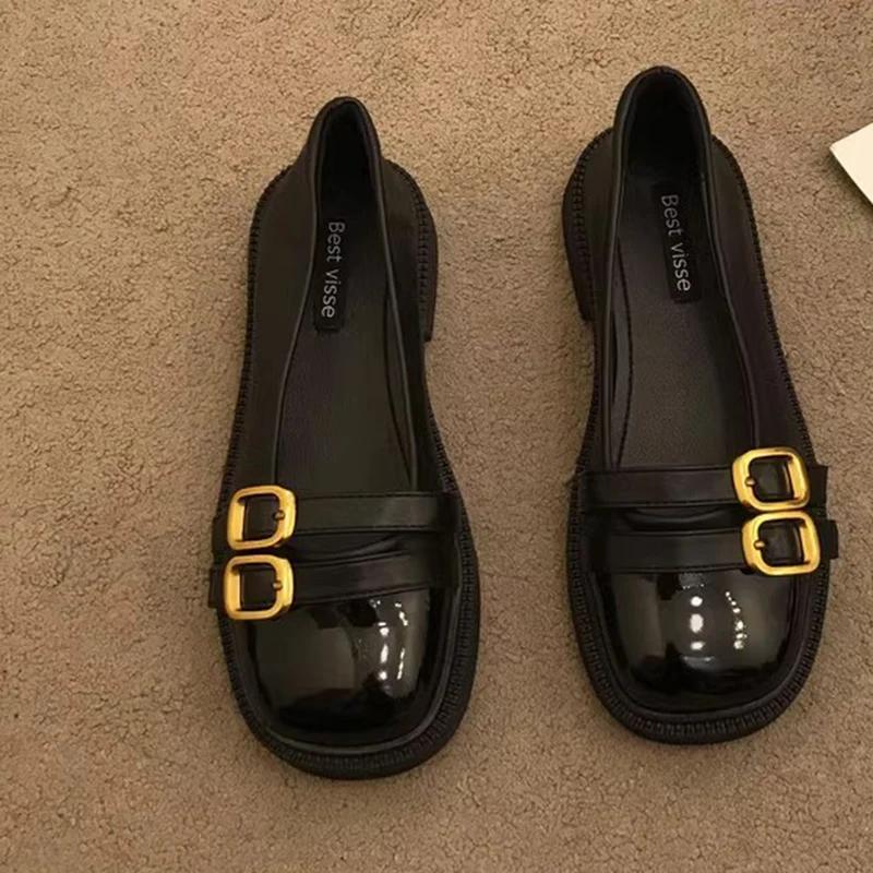 Fashion Vintage Double Buckle Low Heel Loafers for Women 2025 Spring Patchwork Pu Leather Flats Women