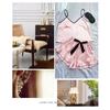 Women's Smooth Satin Pajamas V-Neck T-Shirt Ruffled Edges And Bow Shorts Simple And Breathable Pajama Set Sling Home Clothing