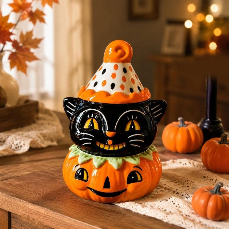 Halloween Tischdekorationen Katzenfiguren mit Kürbisakzent, Glattes Schwarzes Saisonales Regalornament für Kaminsims Eingangsbereich Party-Styling Innenräume