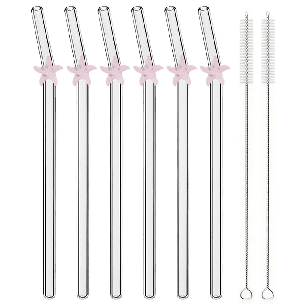6pcs Starfish Bent Straw Set Milk Shake Coffee Straw High Borosilicate Glass Drinking Straws Set with Brush Party Bar Drinkware