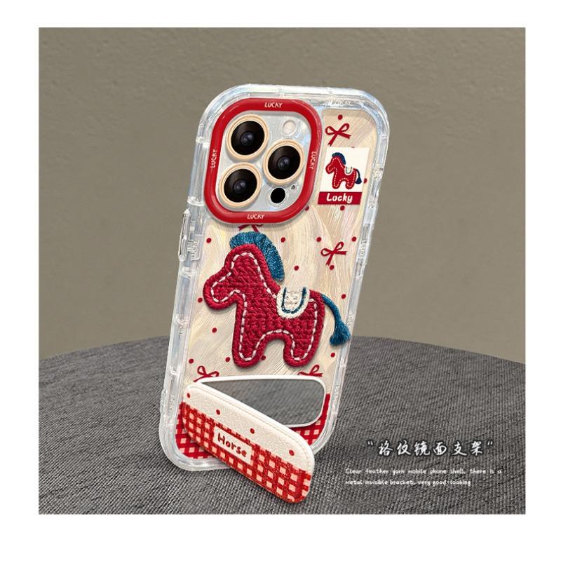 Fluffy Pony Mirror Stand Phone Case With Gauze Pattern For Iphone 17 Pro Max 16 15 14