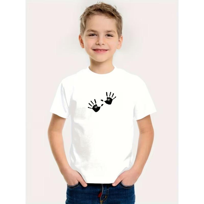

European sizes Creative Palm Print Boys T-Shirt, Casual Short Sleeve Comfortable Summer Wear, Essential for Outdoor Sports 164cm білий