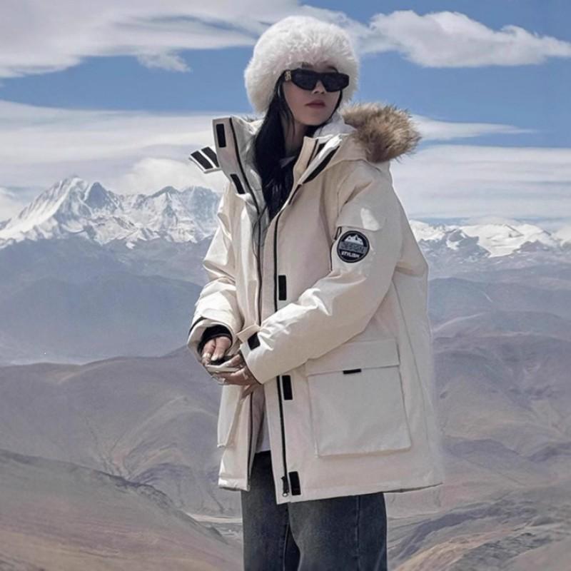 Workwear Parka Puffer Coat Winter Mid-Length Cotton Jacket With Faux Fur Trim Loose Fit Couples Outerwear