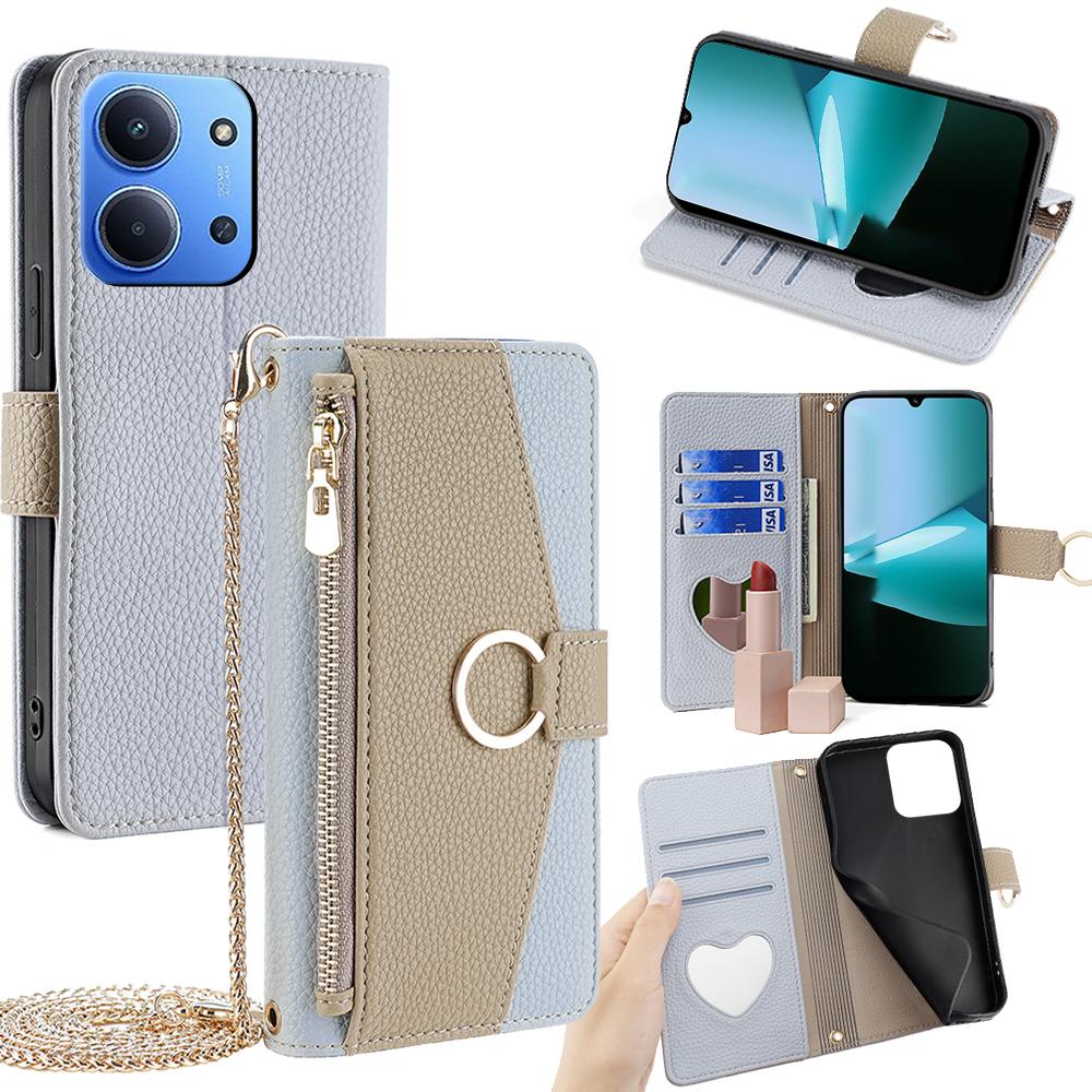 For Xiaomi Redmi 15C 4G (Global) (171mm)/Poco C85 4G (171mm) Case Mirror Wallet Leather Phone Cover with Chain Shoulder Strap